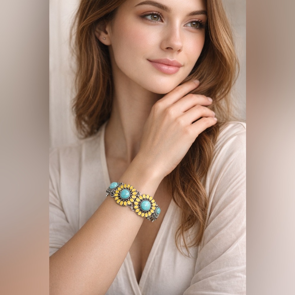 Turquoise & Yellow Floral Statement Bracelet | Boho Silver Tone